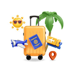 Travel concept isolated. Airplane, passport, location pin and palm. Tourism traveling poster Air ticket, sun and tropical tree. 3D Vector. - 767377319