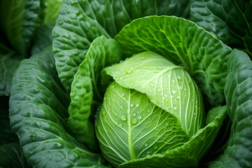 Fresh Green Cabbage Head with Dew Drops Close-up