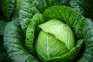 Obraz premium Fresh Green Cabbage Head with Dew Drops Close-up
