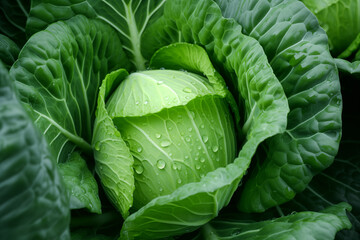 Obraz premium Fresh Green Cabbage Head with Dew Drops Close-up