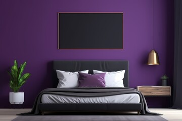 A contemporary dark-themed bedroom with a dark bed, showcasing an empty mockup frame on a vibrant purple wall. 8k,