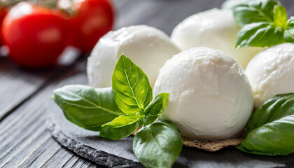 White balls of Italian soft cheese Mozzarella di Bufala Campana served with fresh green basil leaves and red tomato