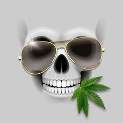 Funny design of skull with sunglasses and cannabis leaf.