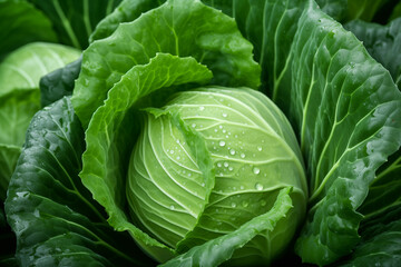Fototapeta premium Fresh Green Cabbage Head with Dew Drops Close-up