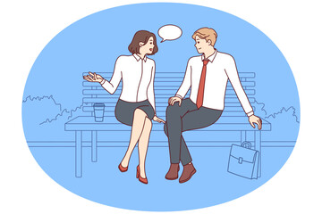 Carefree man and woman sitting on park bench and talking telling stories from work. Guy and girl in business clothes gossip during break and share career advancement tips. Flat vector image