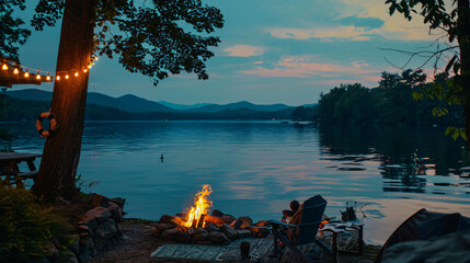 A scenic lakeside 4th of July campfire with friends and family gathered around.