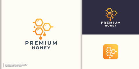 premium honeycomb logo vector illustration, simple hexagon shape concept with line style and honey drop