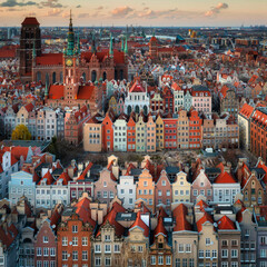 Aerial view of the beautiful Gdansk city at sunset, Poland.