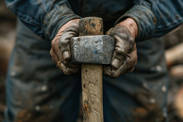 A close-up shot of a construction worker hands, gripping a hammer.