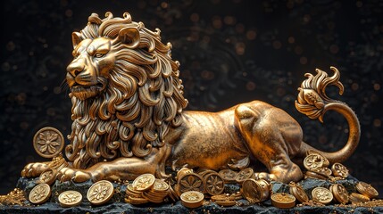 Fototapeta na wymiar Golden lion statue, standing on a pile of gold coins, coins, treasures