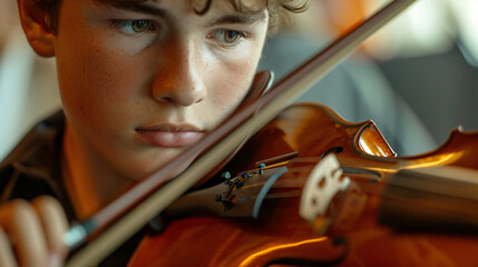 A school music room during a rehearsal a student playing the violin with deep concentration. - obrazy, fototapety, plakaty