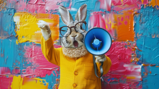 Cute Easter Bunny with megaphone. This colorful art collage ideal for holiday ad campaigns and marketing promotions.