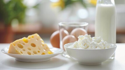 Dairy products and eggs on a table. Healthy fresh farm food background: milk, cottage cheese, cheese, eggs, butter for breakfast