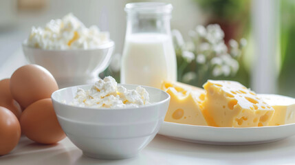 Dairy products and eggs on a table. Healthy fresh farm food background: milk, cottage cheese, cheese, eggs, butter for breakfast - obrazy, fototapety, plakaty