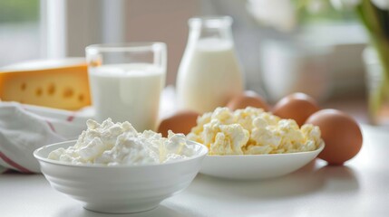 Dairy products and eggs on a table. Healthy fresh farm food background: milk, cottage cheese, cheese, eggs, butter for breakfast