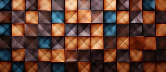 A close up of a vibrant geometric pattern featuring electric blue tints and shades on a brown wall, creating symmetry and a rectangular design. The artwork resembles a toy made of glass