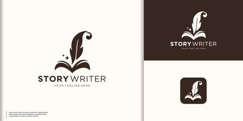creative book logo with quill feather design template. book story feather logo inspiration.