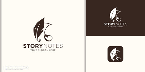 book story note logo. feather signature illustration logo, book and feather template. - obrazy, fototapety, plakaty