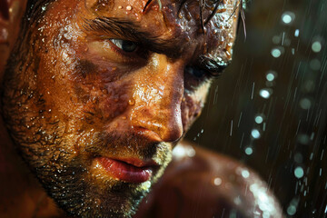 A close-up shot of a muscular plumber face, covered in sweat after a hard day work.