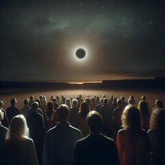A crowd of people is standing in a field at night, gazing up at a dramatic solar eclipse. The celestial event illuminates the dark sky with a halo of light - 767378752