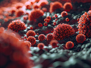 Artistic interpretation of the HIV virus in the bloodstream. Focus on the virus's conical core and enveloped structure, surrounded by T-cells and blood components. AI. - obrazy, fototapety, plakaty