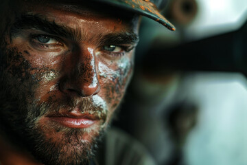 A close-up shot of a muscular plumber face, covered in sweat after a hard day work.