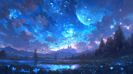 光る花と満天の星空の広がるイラスト