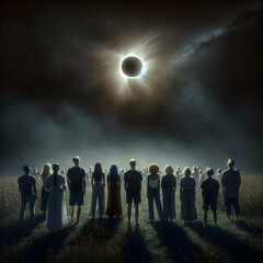 A group of people stands in a field, gazing up at a dramatic solar eclipse in a darkened sky  - 767379126