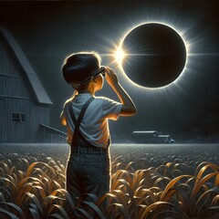 A young boy stands in a cornfield, gazing up at a solar eclipse while wearing protective glasses