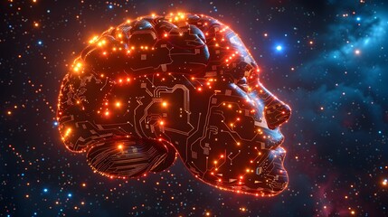 Glowing Brain Solving Complex Mathematical Equations in Starry Cosmos