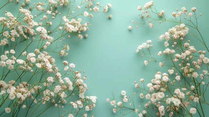 Delicate Gypsophila Blossoms on Pastel Green - Perfect for Women's Day, Mother's Day, Valentine's Day, Weddings - Flat Lay with Copy Space