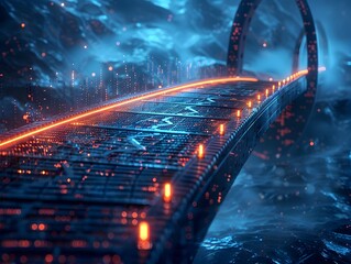 Fototapeta premium Fortified Digital Bridge Spanning Cyber Chasm to Preserve Vital Connections in Advanced Cityscape