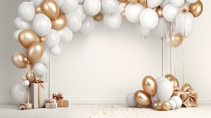 Fototapeta na wymiar Inviting mockup featuring a white background adorned with an enchanting arrangement of white balloons and a decorative ribbon.