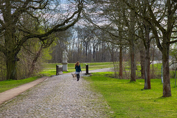 Frau mit Hund auf einer Allee mit Baum im Schlosspark, Park Lützschena, Leipzig, Sachsen,...