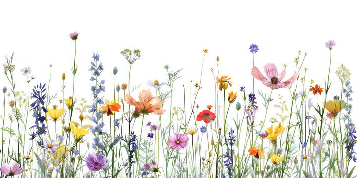 Watercolor painting depicting a colorful field of wildflowers in bloom on a sunny day