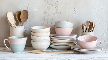 A set of ceramic kitchenware in pastel colors. - obrazy, fototapety, plakaty