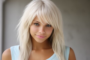 Naklejka premium Stunning Portrait of a Beautiful Young Blonde Woman on a Neutral Gray Background
