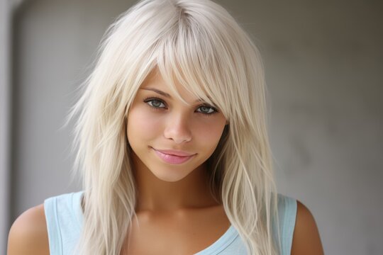 Stunning Portrait of a Beautiful Young Blonde Woman on a Neutral Gray Background
