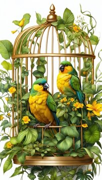 yellow green parrots inside golden cage clip art preview