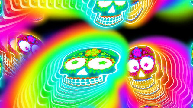 Seamless animation psychedelic catrina skulls with neon effect. Hypnotic halloween background with rainbow effect 