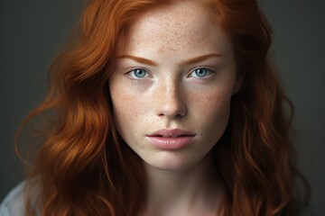 Radiant Red-Haired Beauty with Captivating Freckles in Exquisite Closeup Portraiture - obrazy, fototapety, plakaty