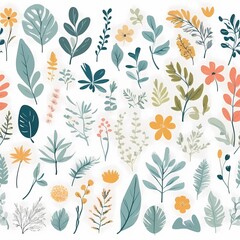 A collection of seamless pattern, colorful abstract plants and flowers. Hand drawn Collection of leaves and flowers. A close up of a pattern of flowers and leaves.
