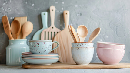 A set of ceramic kitchenware in pastel colors.