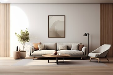 Immerse yourself in the elegance of a 3D wall mockup, enhancing the ambiance of a minimalist living room with its modern aesthetic and Scandinavian charm.