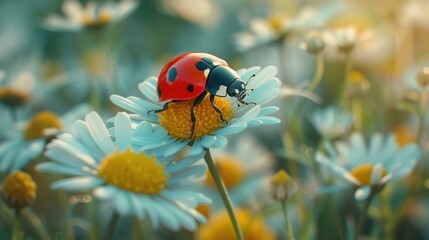 Spring Garden Visitor: Ladybug on Camomile Flower Stem - Summer Insect Wildlife