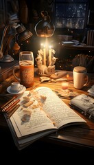 Still life with a book, a cup of coffee, a candlestick and a candle on a wooden table