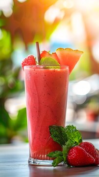 Fruit smoothies on a tropical beach with palm leaves and fruits