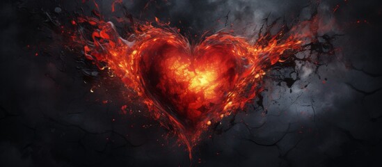 A fiery blaze and billowing smoke surround the center of a heart shape, creating a dramatic and intense scene - obrazy, fototapety, plakaty