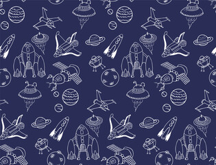 Vintage doodle background. Seamless pattern of vector hand drawn spaceships. Retro space blueprint for kids.