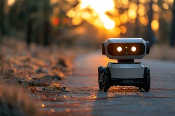 Small cute robot on the street near the building in the sunset lights